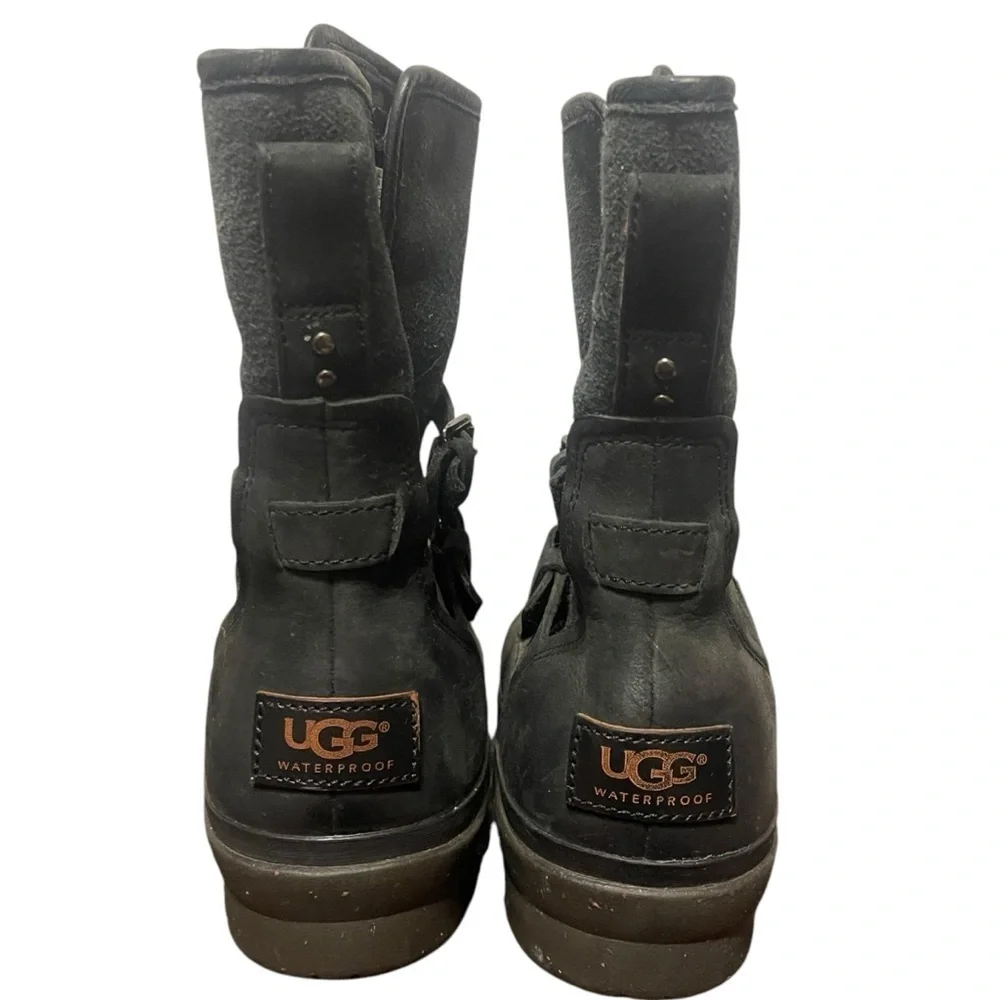 UGG Simmens Brushed Leather Lined Buckle‎ Boots in Black Women's 10